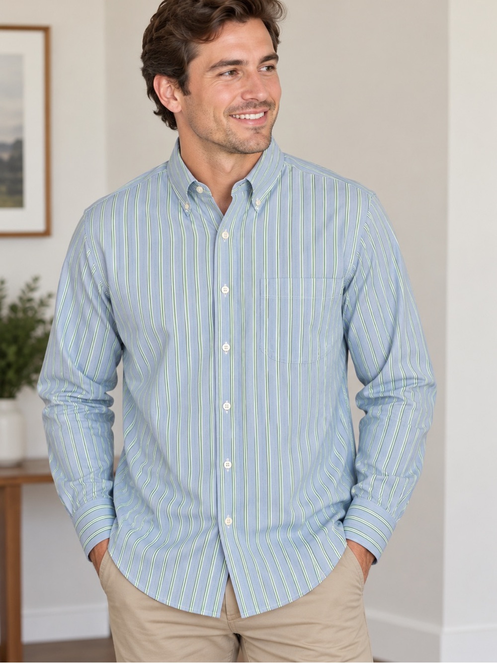 Brooks Brothers Men's Long Sleeve Striped Oxford Button-Up Shirt - Blue and Gree